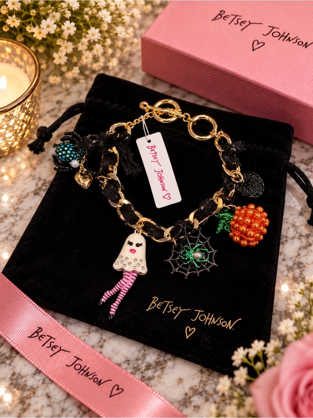Betsey Johnson Bracelet Halloween Ghost, Pumpkin, Spider, Black cat Charms New